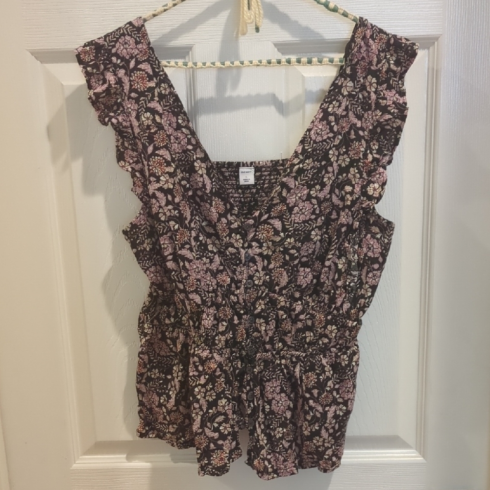 ✅Old Navy Floral Top Black Pink Fairy Cottagecore Babydoll Tank Ruffle Sleeves